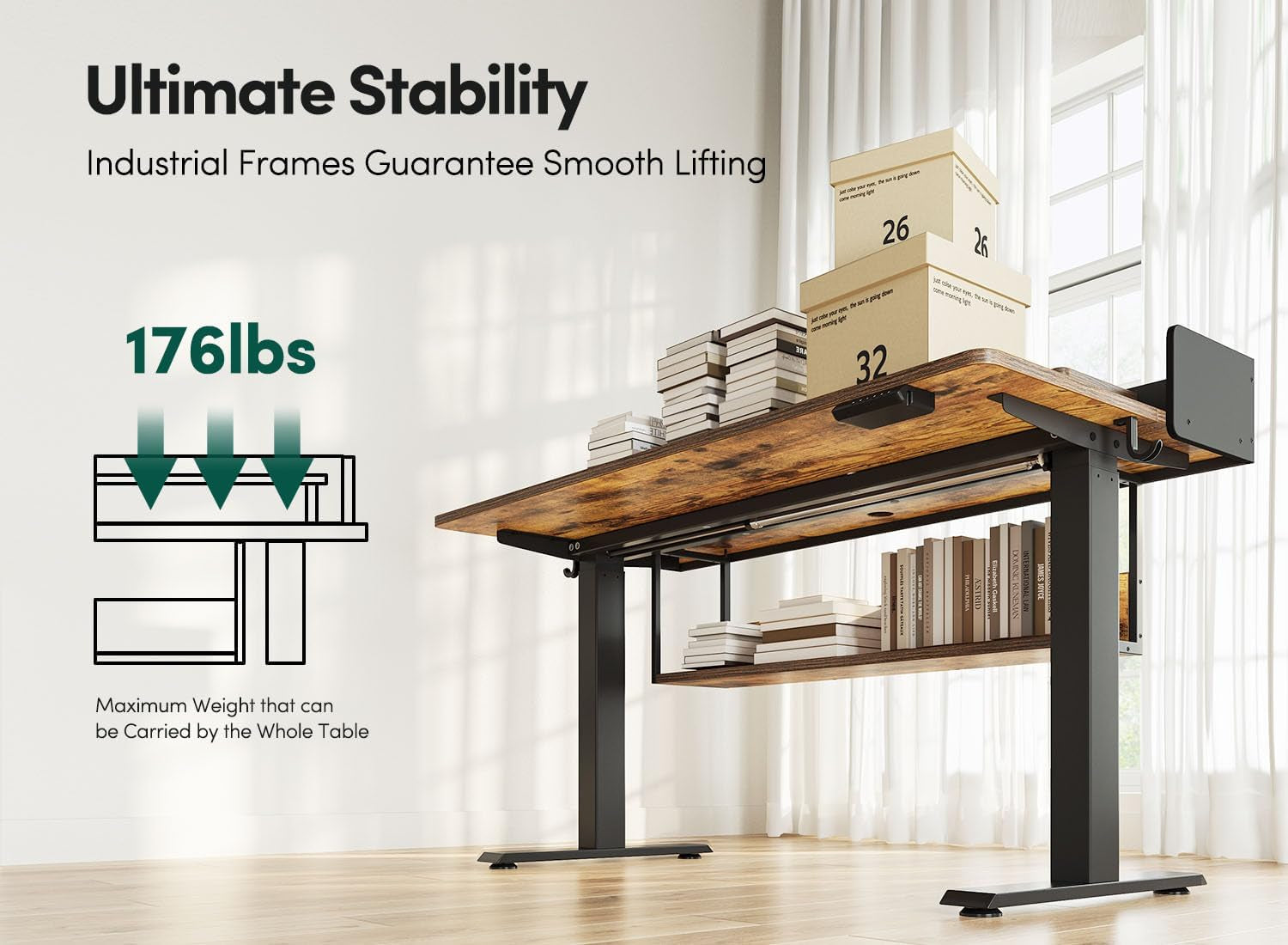 48" Electric Height Adjustable Standing Desk with Double Shelves, 48 X 24 Inch Home Office Desk with Monitor Stand and Storage, Sit Stand Rising Desk, Rustic