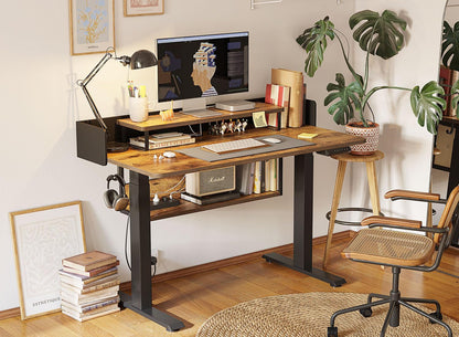 48" Electric Height Adjustable Standing Desk with Double Shelves, 48 X 24 Inch Home Office Desk with Monitor Stand and Storage, Sit Stand Rising Desk, Rustic