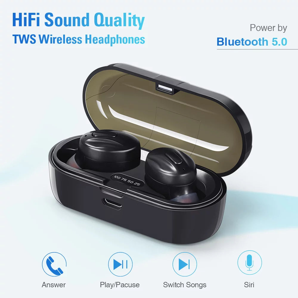 TWS Wireless Earbuds,True Wireless Bluetooth 5.0 Earbuds Built-In Microphone,Ipx5 Waterproof,Stereo Bass Noise Cancelling Earphones Headset with Charging Case